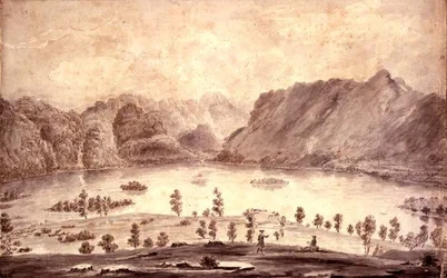 Panoramaudsigt over Derwentwater og Vale of Keswick, detalje af den vestlige side af Derwent Water, ca. 1772